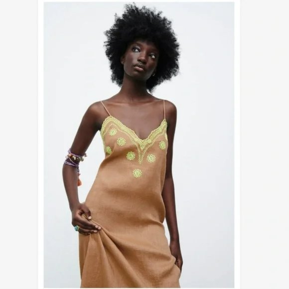 NWT Zara Embroidered Linen Slip Midi Dress size S - Picture 8 of 13